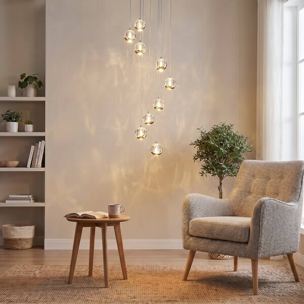 Lucande Závesné svietidlo LED Hayley, Ø 40 cm, 9 svetiel, zlatá farba, sklo, Mosadz / zlato, Obývacia izba / jedáleň, Sklo, Dizajn, Závesné svietidlo