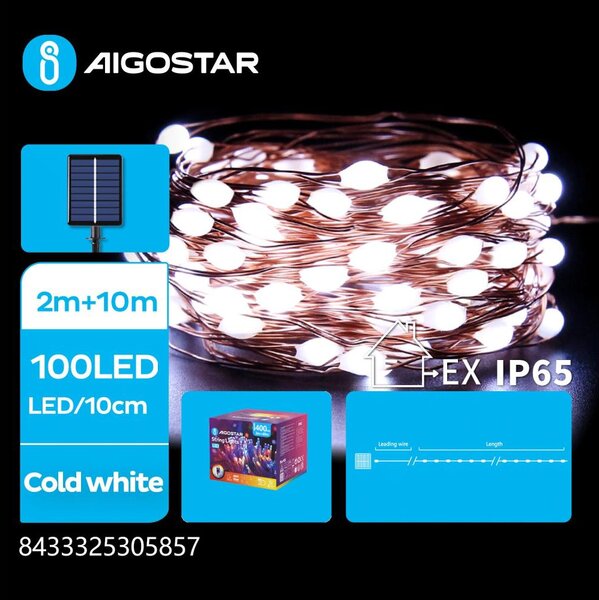 Aigostar - LED solárna reťaz 100 LED/8 režimov 12 m IP65 studená biela