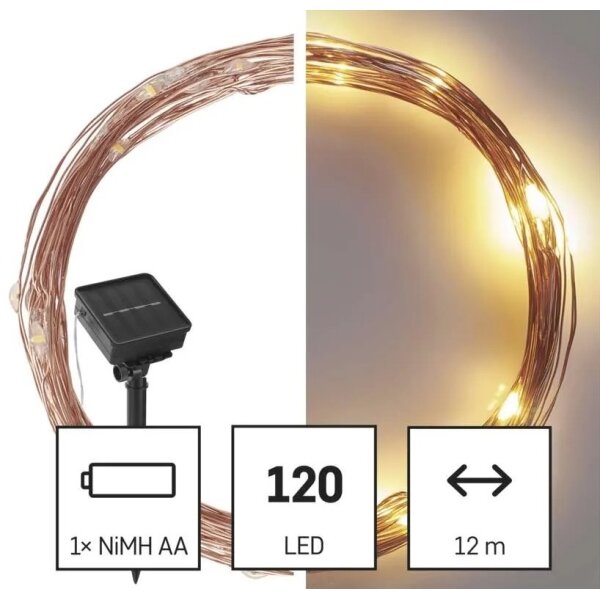 LED solárny reťazec LED/2,4W/1,2V 1xAA 15 m IP44 3000K 600 mAh