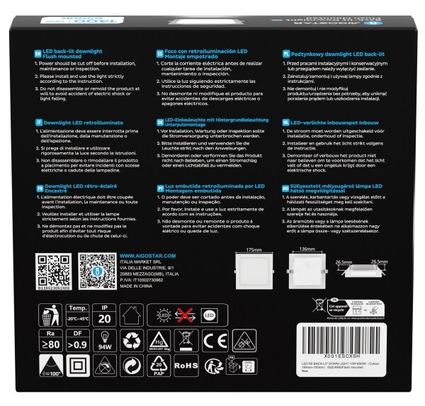 Aigostar - LED Podhľadové svietidlo LED/12W/230V 6500K 17,5x17,5 cm biela