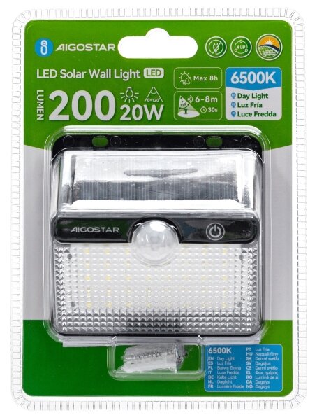 Aigostar-LED Solárne svietidlo so senzorom LED/3,7 V 6500 K 1200 mAh IP65 čierne