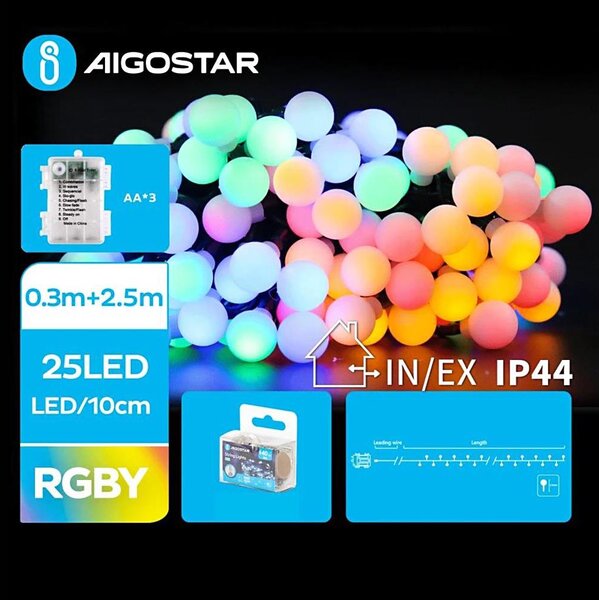 Aigostar - LED vonkajší svetelný reťazec 25xLED/3xAA/8 režimov 2,8 m IP44 viacfarebný