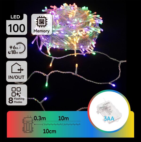 Aigostar -LED Vonkajšia vianočná reťaz 100xLED/8 funkcií 3xAA 10,3m IP44 multicolor