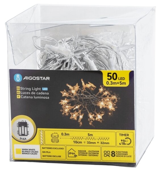 Aigostar - LED vonkajší vianočný svetelný reťazec 50xLED/8 funkcií 3xAA 5m IP44 teplá biela hviezdy