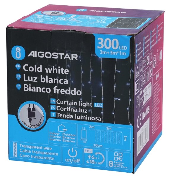 Aigostar - LED vonkajšia vianočná reťaz 300xLED/6W/230V/8 funkcií 3x1m IP44 studená biela+DO