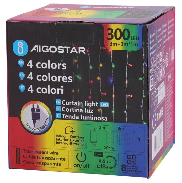 Aigostar - LED RGBY vonkajší vianočný reťazec 300xLED/6W/230V/8 funkcií 3x1m IP44 + DO