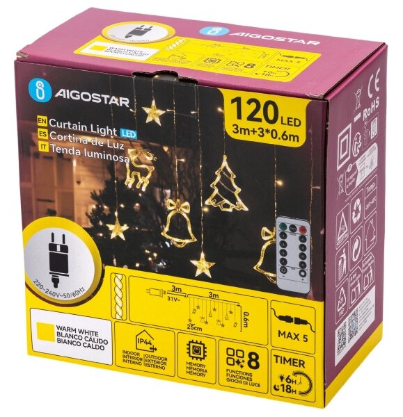 Aigostar - LED vonkajší vianočný reťazec 120xLED/6W/230V/8 funkcií 3x0,6m IP44 teplá biela + diaľkové ovládanie