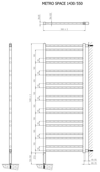 Sapho Sapho, METRO SPACE vykurovacie teleso 550x1430 mm, inštalácia v priestore, čierna mat, IR438B
