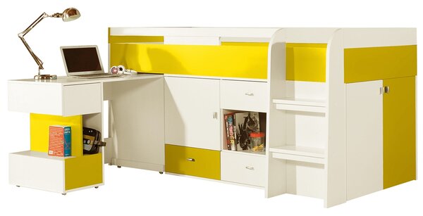 Posteľ poschodová 90x200 s písacím stolom a skriňkami Mobi MO21 - Biely / žltý