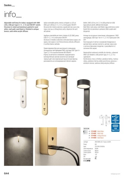 Redo 01-4642 - LED nástenné svietidlo SADES LED/6W/230V CRI 90 USB bronzové