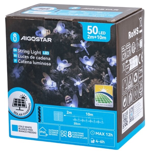 Aigostar - LED solárny dekoračný reťazec 50xLED/8 funkcií 10m 800mAh IP65 studená biela