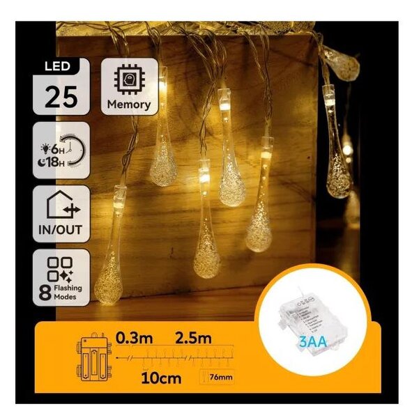 Aigostar - LED vonkajšia vianočná reťaz 25xLED/8 funkcií 3xAA 2,5m IP44 teplá biela kvapky