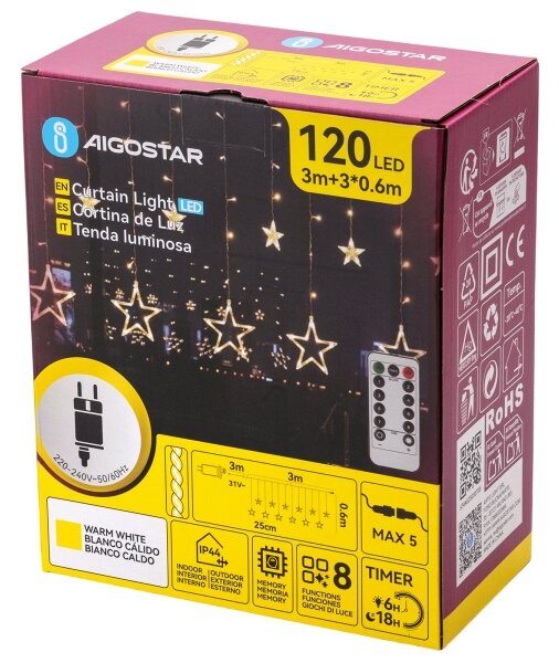 Aigostar - LED vonkajší vianočný reťazec 120xLED/6W/230V/8 funkcií 3x0,6m IP44 teplá biela+DO