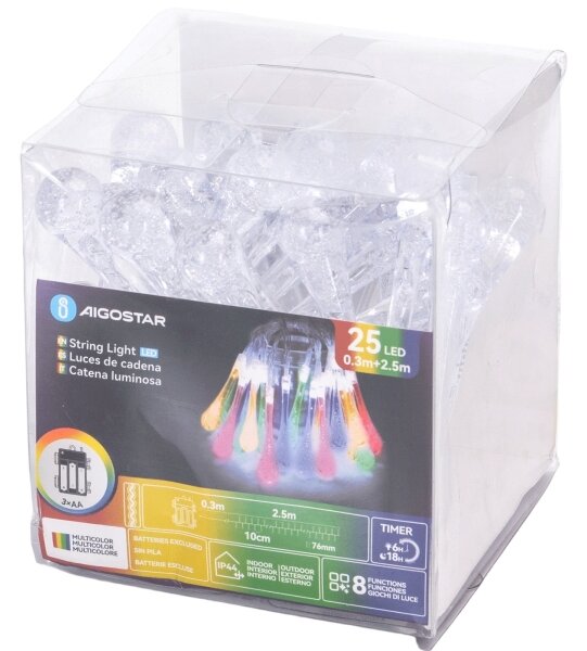 Aigostar - LED RGBY Vonkajší reťaz 25xLED/8 funkcií 3xAA 2,5m IP44 kvapky