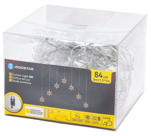 Aigostar - LED vonkajší reťaz 84xLED/230V 1,2x1m IP44 teplá biela, snehové vločky