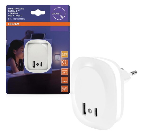 Osram- LED nočné svietidlo do zásuvky so senzorom a USB LUNETTA LED/12,5W/230V