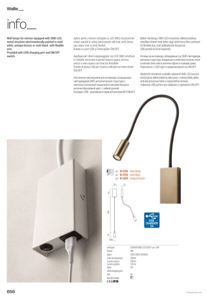 Redo 01-4475 - LED flexibilná lampička WALLIE LED/3W/230V USB CRI 90 bronzová