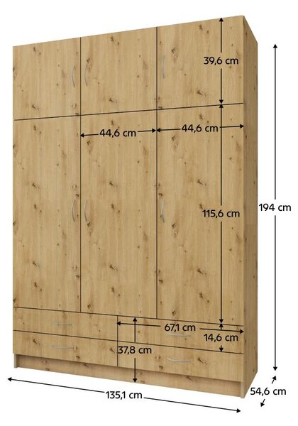 NovýNábytok.sk Šatníková skriňa Granulados (dub artisan) . Vlastná spoľahlivá doprava až k Vám domov. 1116352
