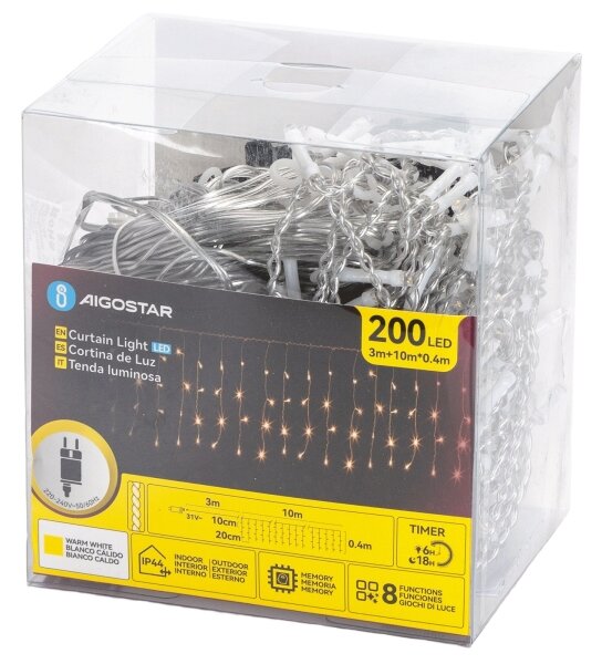 Aigostar - LED vonkajší vianočný reťazec 200xLED/3,6W/230V/8 funkcií 10x0,4m IP44 teplá biela