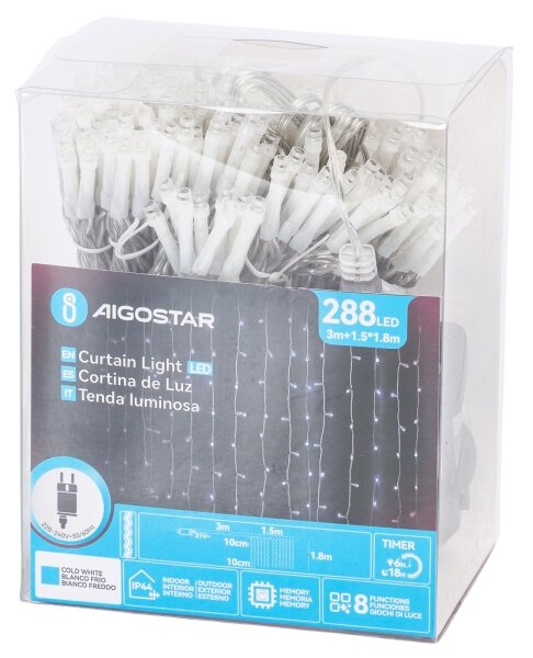 Aigostar - LED vonkajšia vianočná reťaz 288xLED/3,6W/230V 1,5x1,8m IP44 studená biela