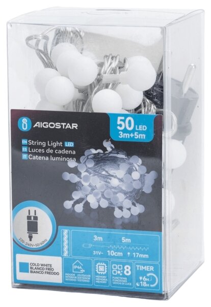 Aigostar - LED vonkajšia dekoratívna svetelná retiazka 50xLED/3,6W/230V/8 funkcií 5m IP44 studená biela