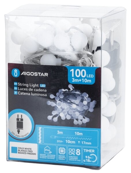 Aigostar - LED vonkajší dekoratívny svetelný reťazec 100xLED/3,6W/230V/8 funkcií 10m IP44 studená biela