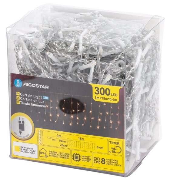 Aigostar - vonkajšia LED vianočná reťaz 300xLED/6W/230V/8 funkcií 15x0,4m IP44 teplá biela
