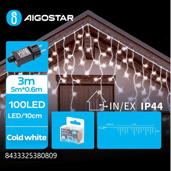 Aigostar - vonkajší LED svetelný reťazec 100xLED/8 funkcií 8x0,6m IP44 studená biela