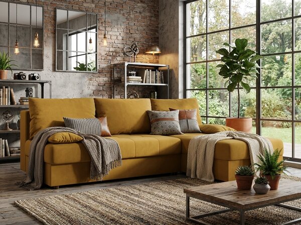 Rozkladacia obojstranná sedacia súprava do L VENORIA SLIM 200x143 cm, horčicová + 2 vankúšiky ZDARMA