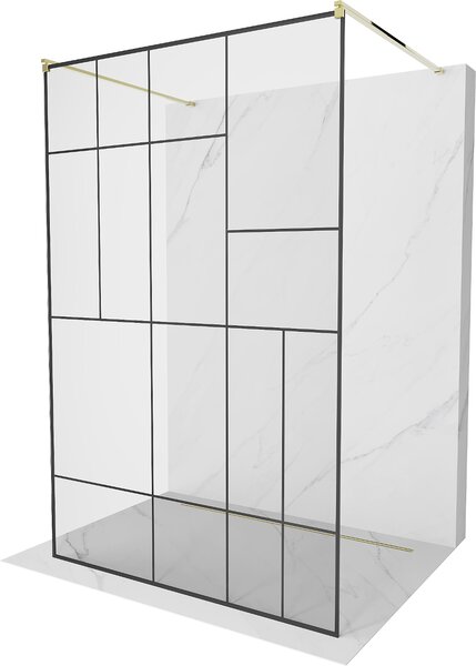 Mexen Kioto, priechodná sprchová zástena 100 x 200 cm, 8mm sklo číre/čierny vzor, 2x zlatá stabilizačná rozpera, 800-100-002-50-78
