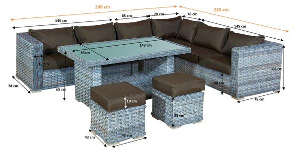 ZÁHRADNÝ SET MAESTOSO ŠEDÝ 288 x 223 cm + STÔL + 2 x TABURET
