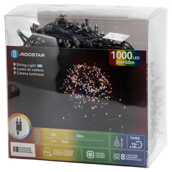 Aigostar - Vonkajšia vianočná LED reťaz 1000xLED/8 funkcií 53m IP44 viacfarebná