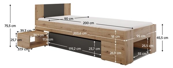 NovýNábytok.sk Jednolôžková posteľ 90 cm Uniforme (dub artisan + antracit) (s úl. priestorom). Vlastná spoľahlivá doprava až k Vám domov. 1116537