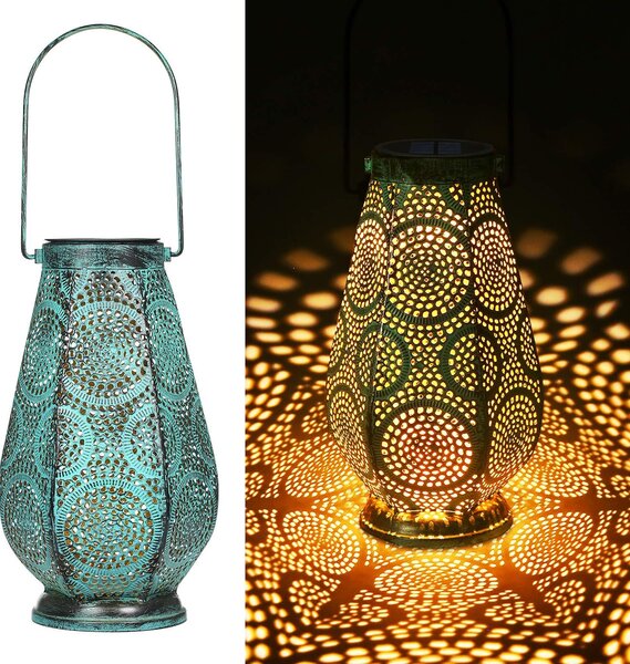 Solárne lampy na vonkajšie použitie, veľké, kovové. Zavesiteľné solárne lampy od spoločnosti JOYCREATOR, s vodotesnosťou IP65, vhodné do záhrady, na terasu, balkón, na vianočnú výzdobu alebo ako darček (turkusová farba, veľkosť: veľká) – 1 kus