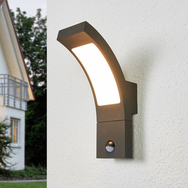 Lucande LED vonkajšie nástenné svietidlo Juvia, senzor, 27 cm, sivé, IP54, Čierna, Hliník, Moderný, Nástenné svietidlo