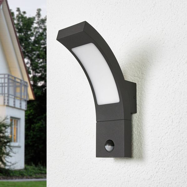 Lucande LED vonkajšie nástenné svietidlo Juvia, senzor, 27 cm, sivé, IP54, Čierna, Hliník, Moderný, Nástenné svietidlo