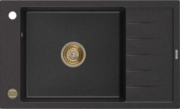 Mexen Elias, granitový drez granitový 795x480x200 mm, 1-komorový, čierna-strieborná metalíza so zlatým sifónom, 6511791005-73-G