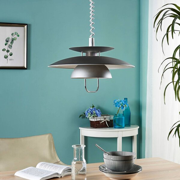 Závesná lampa Lindby Nadija, sivá, 43 cm, výškovo nastaviteľná, E27, Hliník / sivá / zinok, Kuchyňa, kov, Škandinávsky, Závesné svietidlo