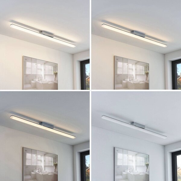 Lindby LED stropné kúpeľňové svietidlo Levke, 100 cm, stmievateľné, IP44, Biela / opálová, Kúpeľňa, kov, Moderný, Stropné svetlo