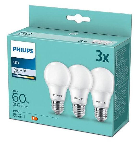 SADA 3x LED Žiarovka Philips A60 E27/8W/230V 4000K