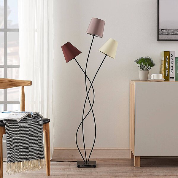 Lindby Stojacia lampa Melis, 130 cm, trojsvetlá, textil, Krémová / jantárovo žltá, Obývacia izba / jedáleň, Textil / látka / hodváb, Moderný, Stojaca lampa