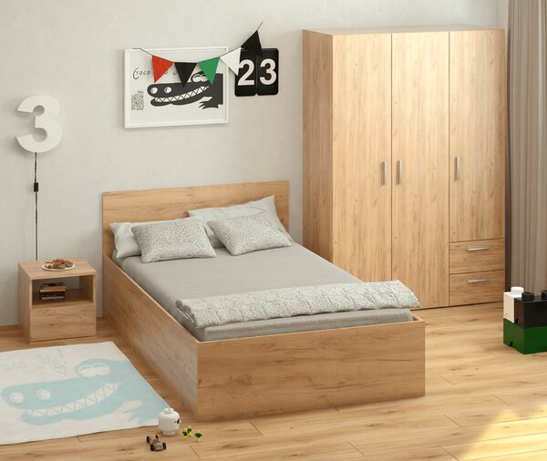 KONDELA Posteľ s kovovým roštom a úložným priestorom, 120x200, dub craft zlatý, DOLI
