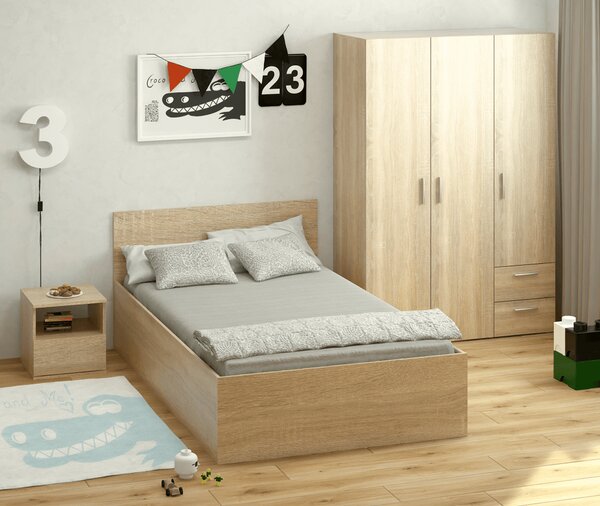 KONDELA Posteľ s kovovým roštom a úložným priestorom, 120x200, dub sonoma, DOLI