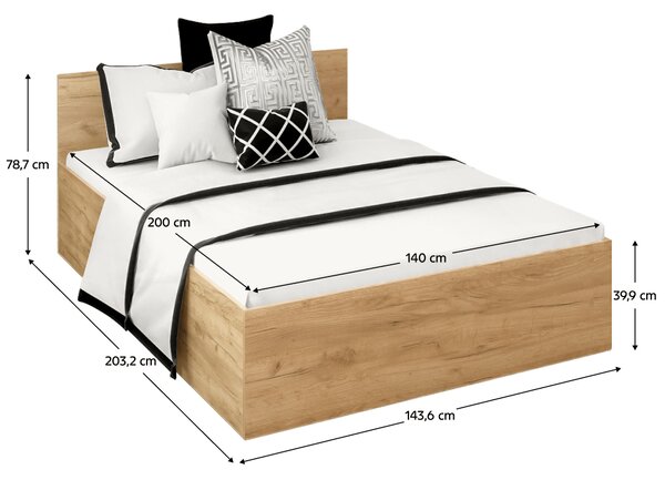 KONDELA Posteľ s kovovým roštom a úložným priestorom, 140x200, dub craft zlatý, DOLI