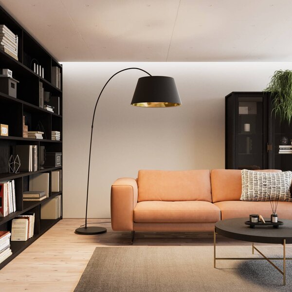 Stojacia lampa Lindby Esti, čierna/zlatá, látka, výška 192 cm, Čierna, Obývacia izba / jedáleň, Textil / látka / hodváb, Moderný, Oblúková stojaca lampa