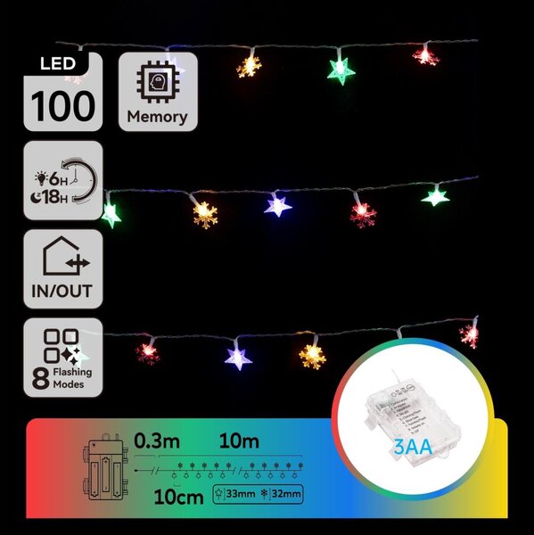 Aigostar - LED RGBY Vonkajšia vianočná reťaz 100xLED/8 funkcií 3xAA 10m IP44 hviezdy