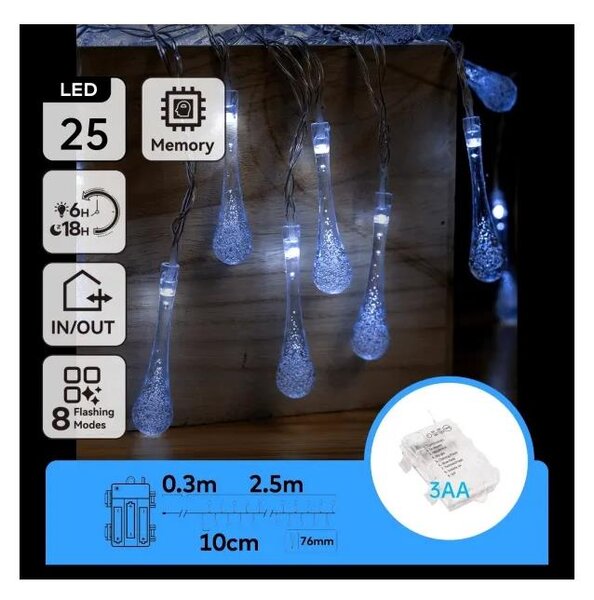 Aigostar - LED vonkajší vianočný reťaz 25xLED/8 funkcií 3xAA 2,5m IP44 studená biela kvapky