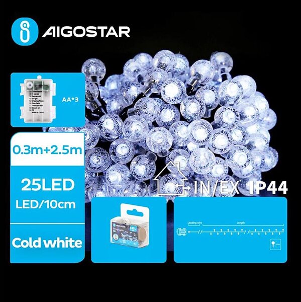 Aigostar - LED vonkajší svetelný reťazec 25xLED/3xAA/8 funkcií 2,8 m IP44 studená biela