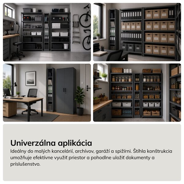 Úzky kovový archivačný regál na dokumenty antracitový, 250x1950x400 mm: TIM