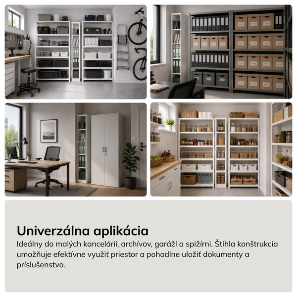 Úzky kovový archivačný regál na dokumenty biely, 250x1950x400 mm: TIM